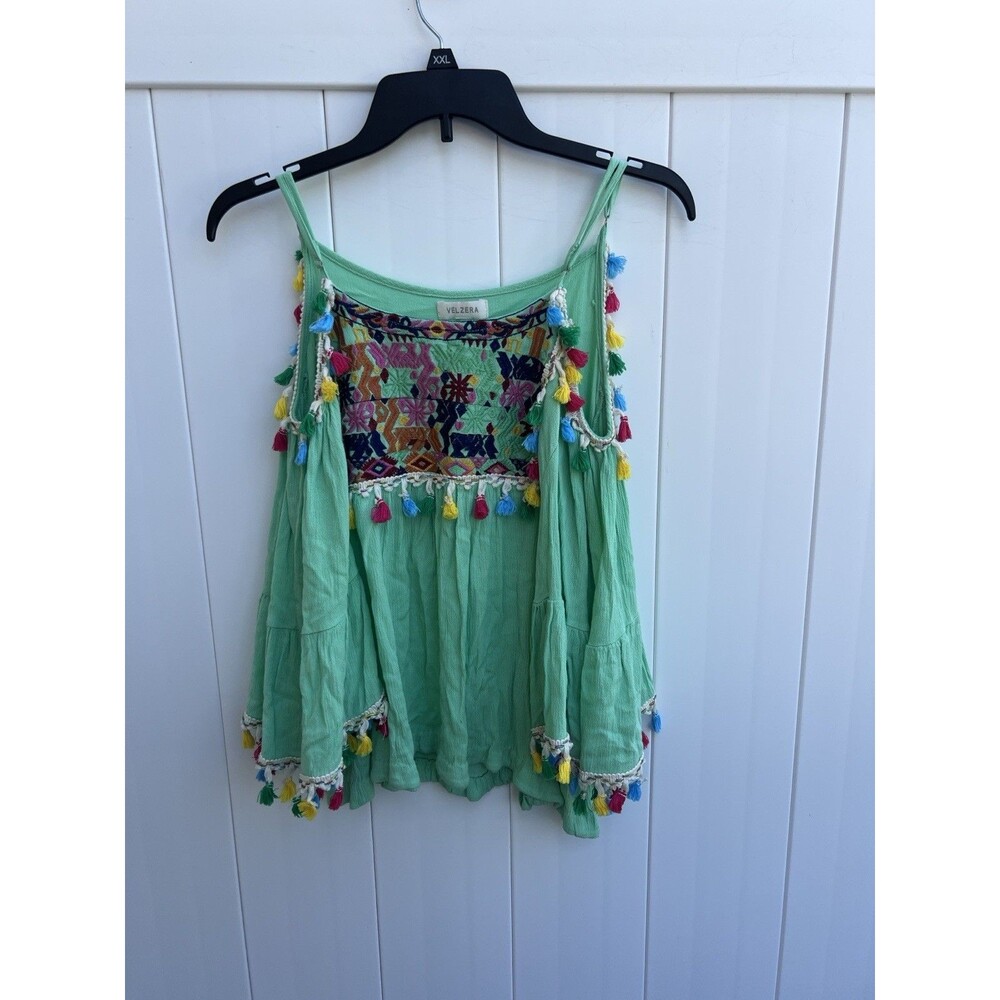 Velzera boho cold shoulder Top Tasseled Artsy Embroidered Green Gauzy Sz M L ?